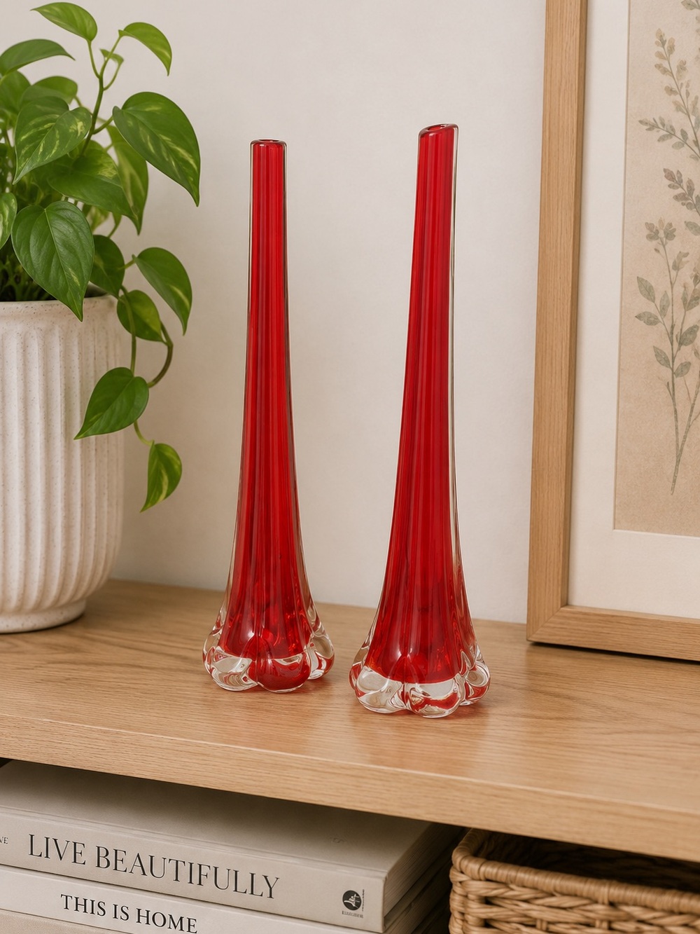 Vintage Red Blown Glass Bud Vases Art Glass Neck Stretch Floral Romantic Accents